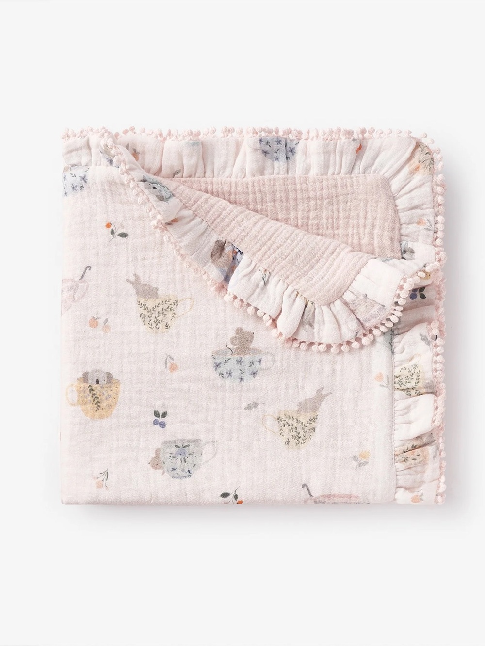 Ruffled Muslin Baby Blanket in Pale Pink Teacup Print